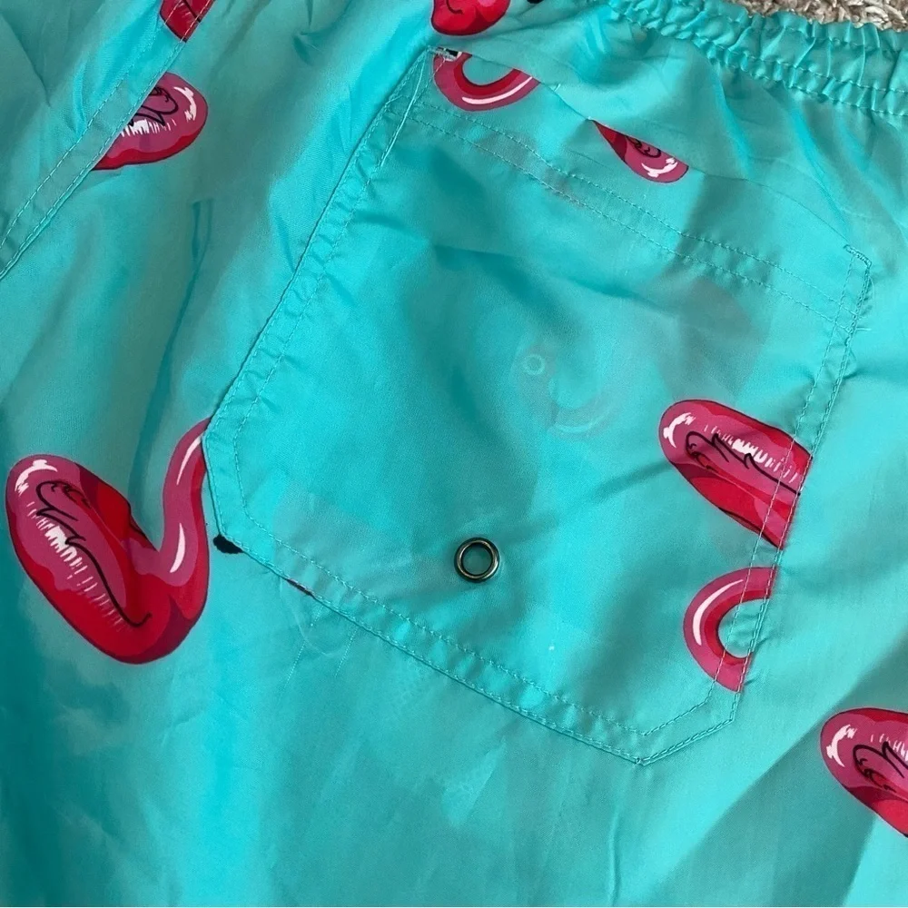 Oennea Mens Swim Trunks Aqua with Pink Flamingos - XL
